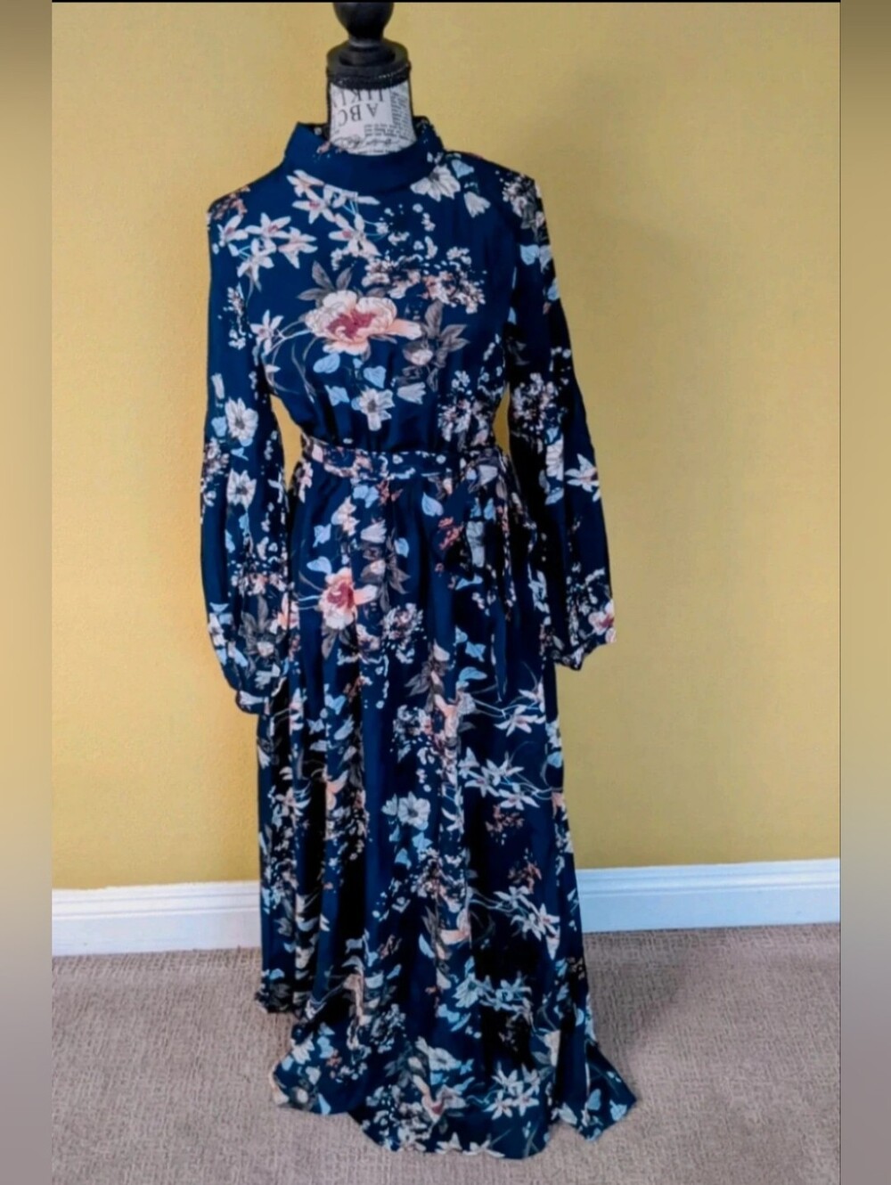 Floral Mock-Neck Long Sleeve Maxi Dress - Navy
